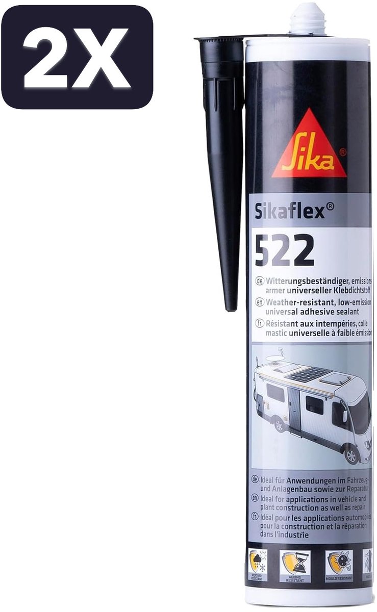 2 x Sika Sikaflex - 522 kit - Zwart - Ideaal voor voegen - voor binnen - en buitengebruik UV - en weerbestendig - goede hechting - 300 ml