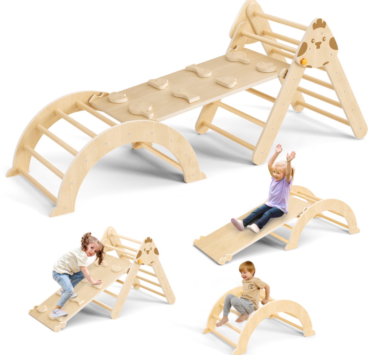 Lilac & Lily Montessori Klimtoestel – Houten Speeltoestel met Glijbaan, Klimboog & Ladder - Dreumes & Peuter Gym - 7 in 1 Klimrek