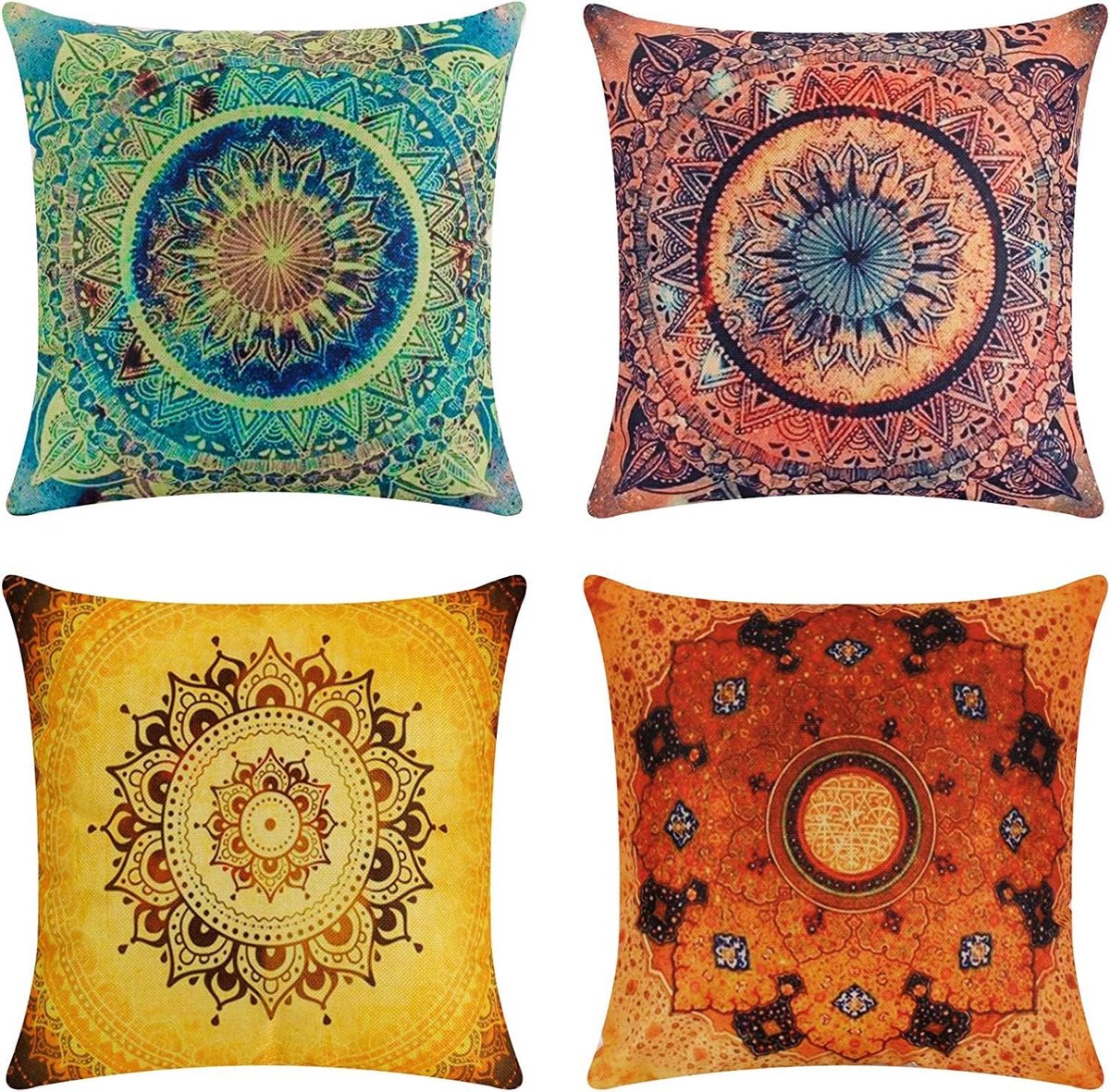 SnelShoppen - Set van 4 Decoratieve Kussenslopen, Bohemian Mandala Floral Patroon, Katoen Linnen, 45x45 cm, Ideaal voor Sofa, Thuisdecoratie, Hippie S