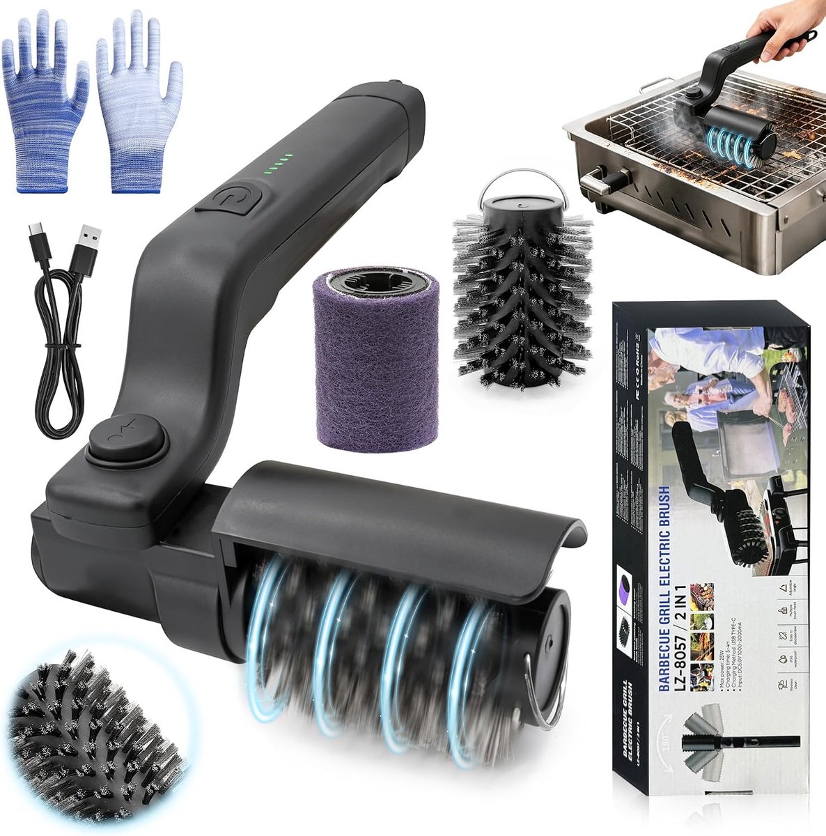 SnelShoppen - Elektrische Grillborstel - Batterij-aangedreven, 180° Verstelbare Kop, 3-Traps Motor, 90 Minuten Looptijd, Waterdicht, Roestvrij Staal &
