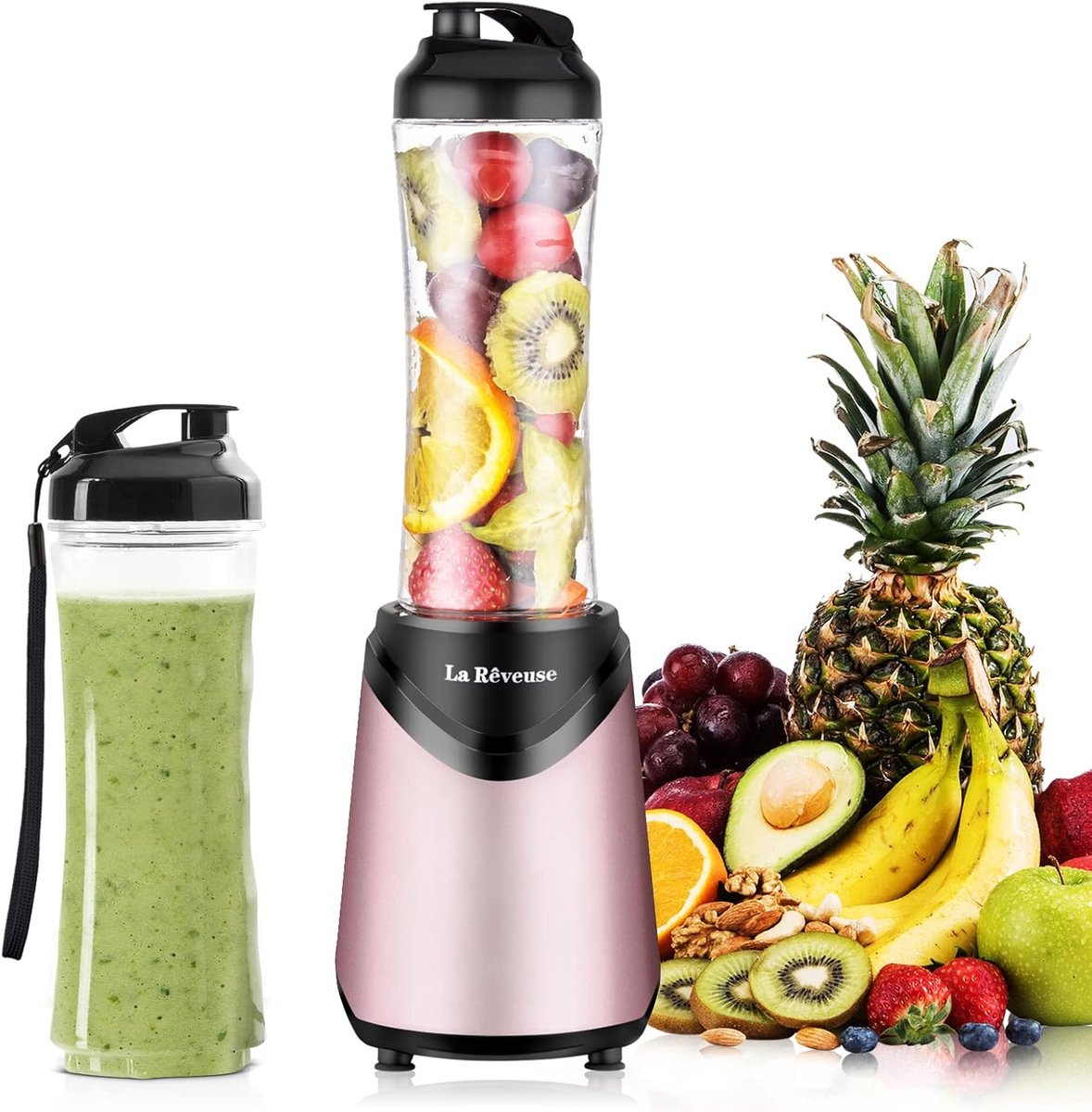 SnelShoppen - Mix&Go Blender Smoothie Mixer 300W met 2 BPA Vrije Sportflessen 550ml - Roze - Ideaal voor Smoothies, Shakes en Babyvoeding