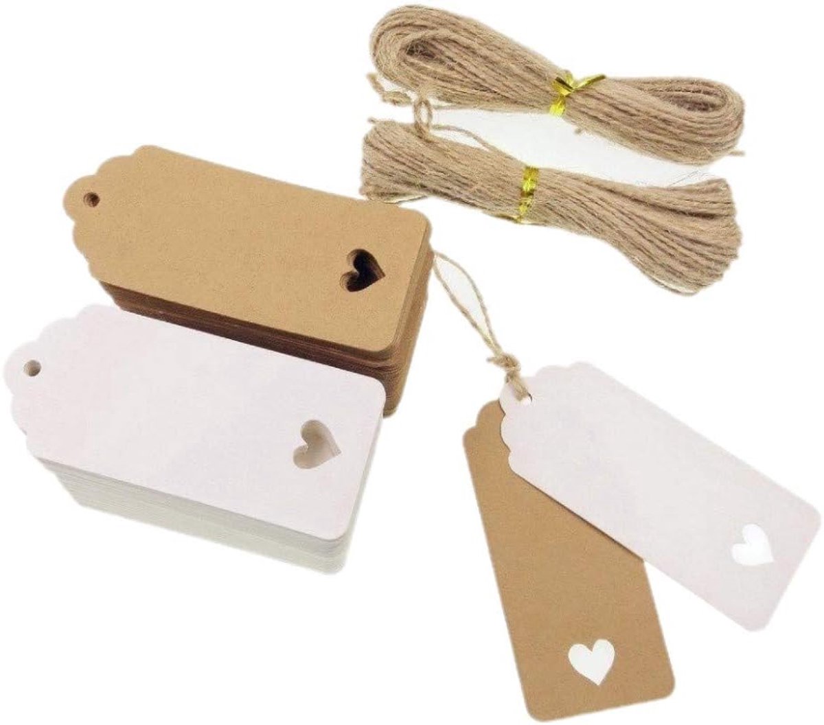 SnelShoppen - 200 Stuks Hartvormige Kraft Papier Cadeaulabels in Wit en Bruin + 40m Jute Touw voor Trouwen, Gastcadeaus, DIY Boekenleggers, Feestdecor