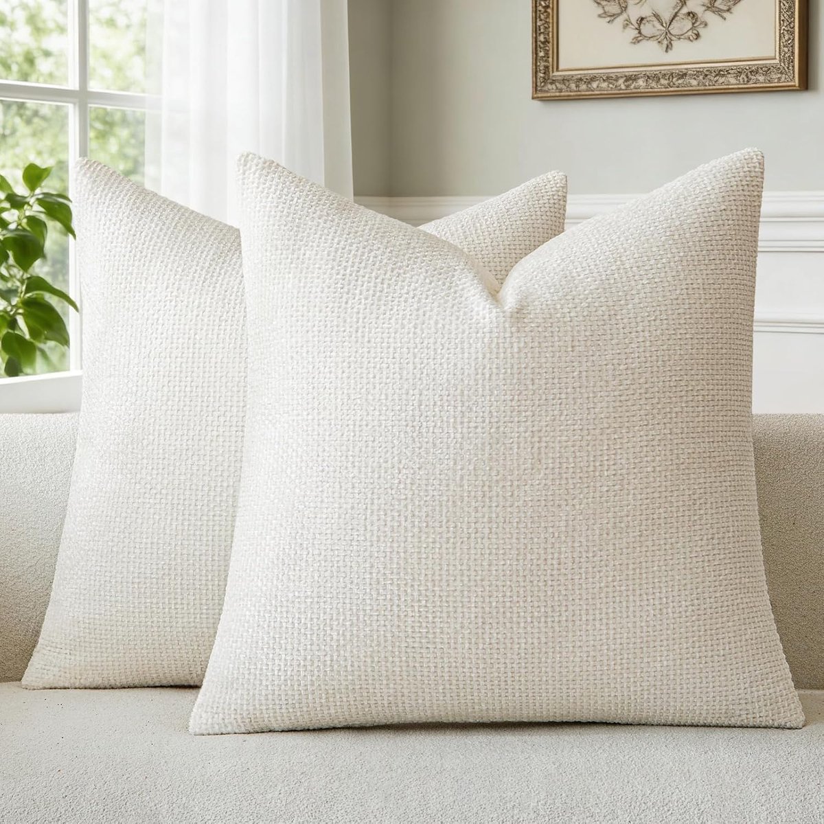 SnelShoppen - Chenille Kussenhoezen Crème 45 x 45 cm Set van 2 Zachte Fluffy Sierkussenhoezen met Verborgen Rits Wasbaar voor Bank Woonkamer Slaapkame