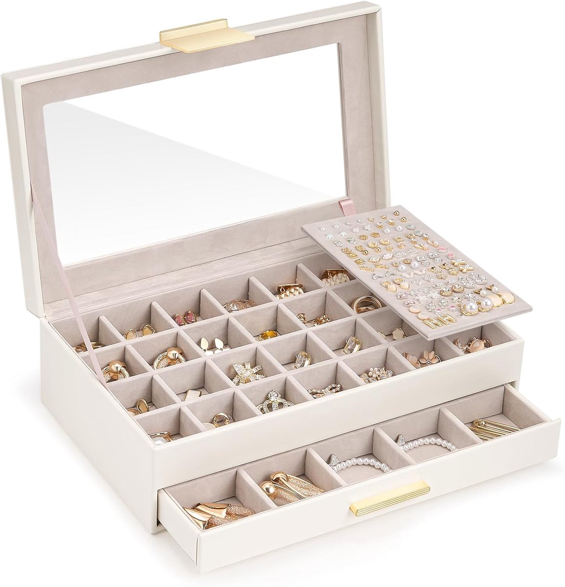 SnelShoppen - Grote Earring Jewelry Holder Organizer met Glazen Deksel, 2 Laags Sieradenopbergdoos met Lade en Verdelers in Wolk Wit - Perfect voor Da