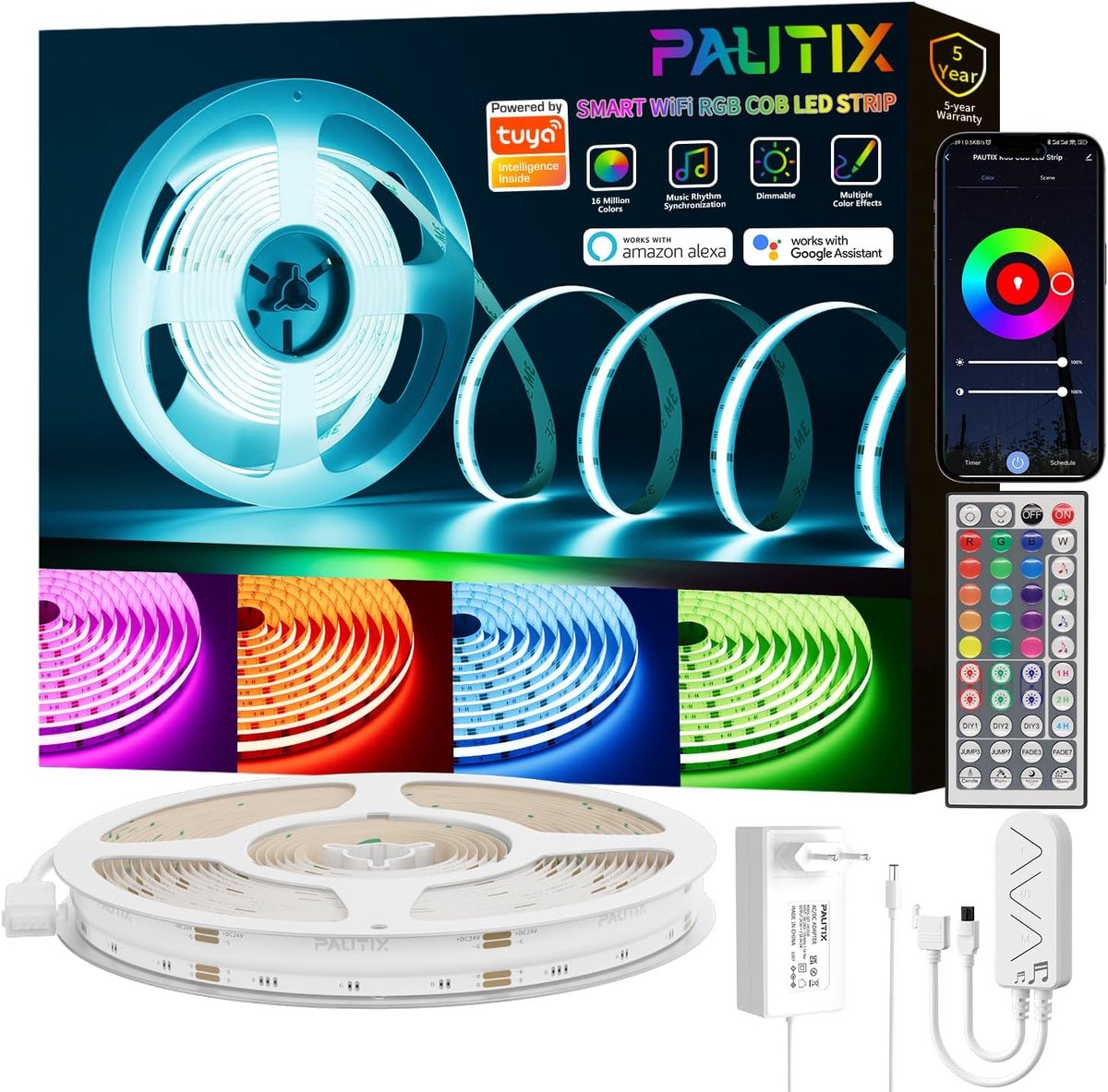 SnelShoppen - Dimbare 10m COB LED Strip RGB met WiFi, Zelfklevend, Werkt met Alexa/Google Assistent, Kleurveranderend voor Feest, Gaming, DIY Decorati