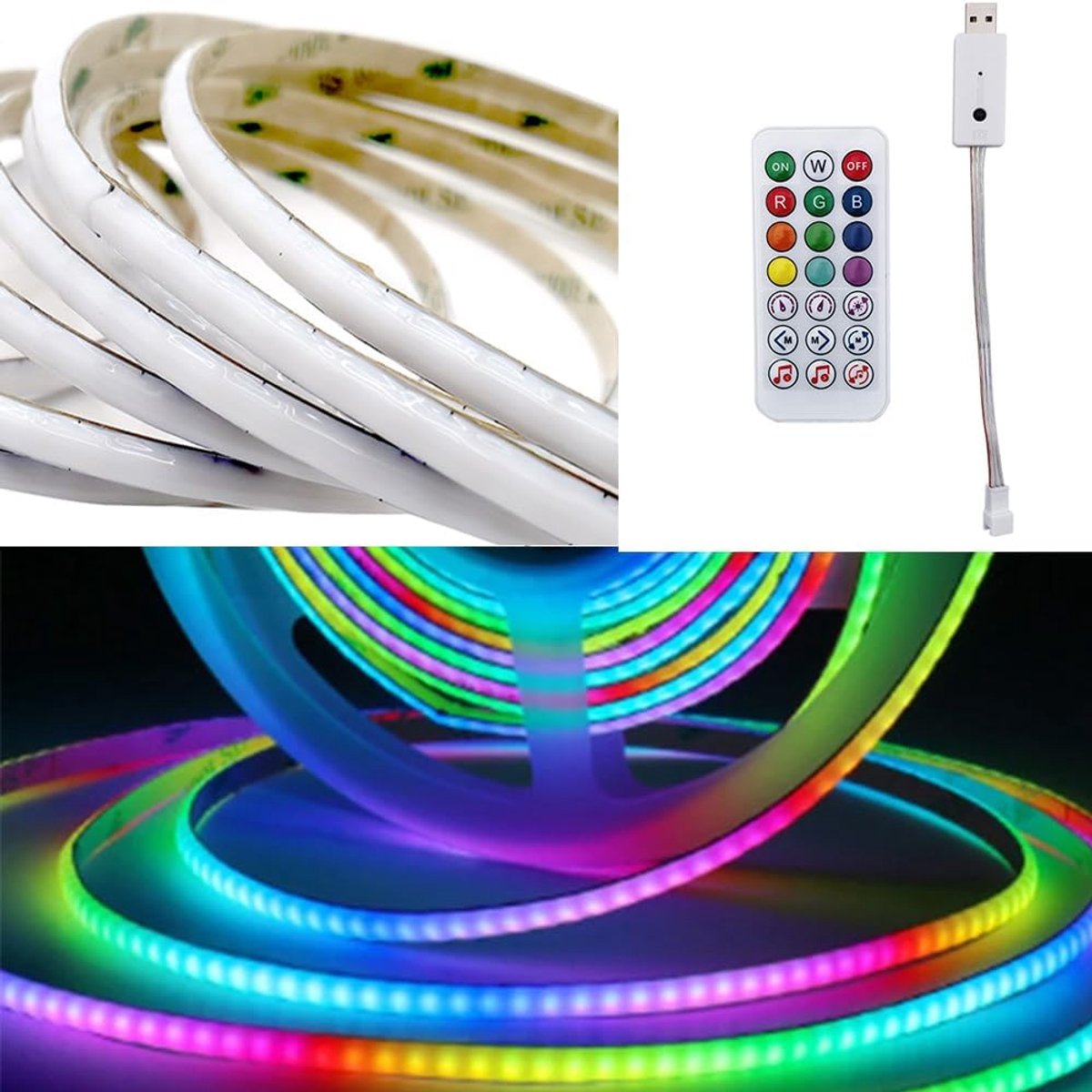 Thijox - DC5V WS2812B 5mm COB LED-strip, Individueel Regelbaar, 160 LEDs/m, Flexibele RGB Droomkleuren Licht met SP620E USB-controller voor Feest, Tui