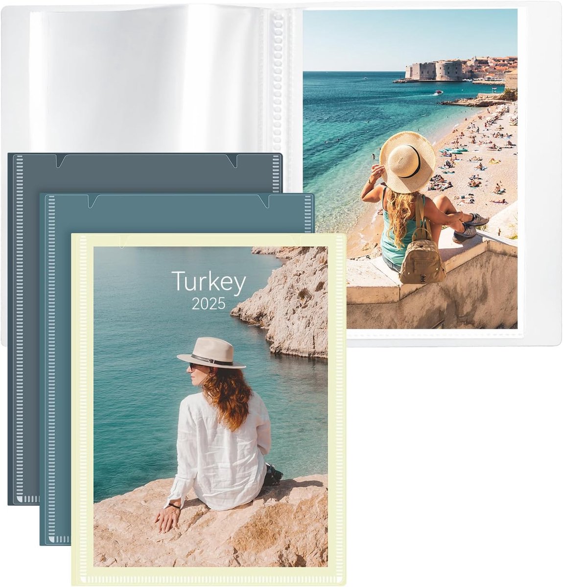 SnelShoppen - Kleine fotoalbums 6x4 cm, 3-pack met aanpasbare omslagen, 52 foto's per album, Morandi kleuren donkerblauw, grijsblauw, beige, ideaal vo