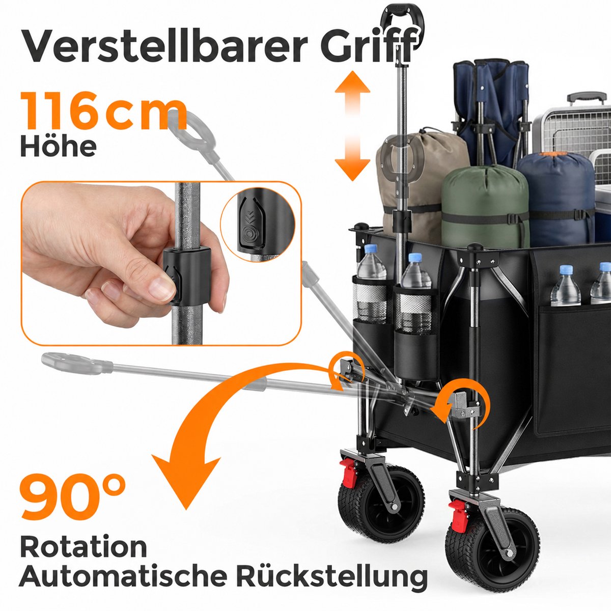 Tuinkar Opvouwbaar – 300 L – 250 Kg Draagvermogen – Staal – Zwart Grijs – Met All Terrain Wielen En Voorremmen Voor Tuin En Camping