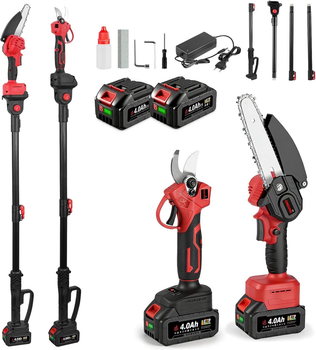 SnelShoppen - 4-in-1 Accu Takkenzaag en Snoeischaar, 6-Inch Chainsaw + 25 mm Snoeischaar + 200 mm Telescopische Steel, 180° Verstelbaar, 2x 4.0 Ah Bat