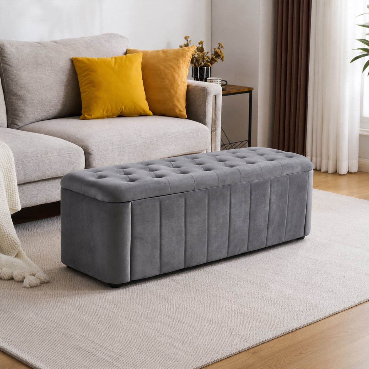 OKWISH Opbergbank – 132 cm – Met Verborgen Opbergruimte – Velours – Donkergrijs – Voor Slaapkamer, Woonkamer of Hal – Gecapitonneerd