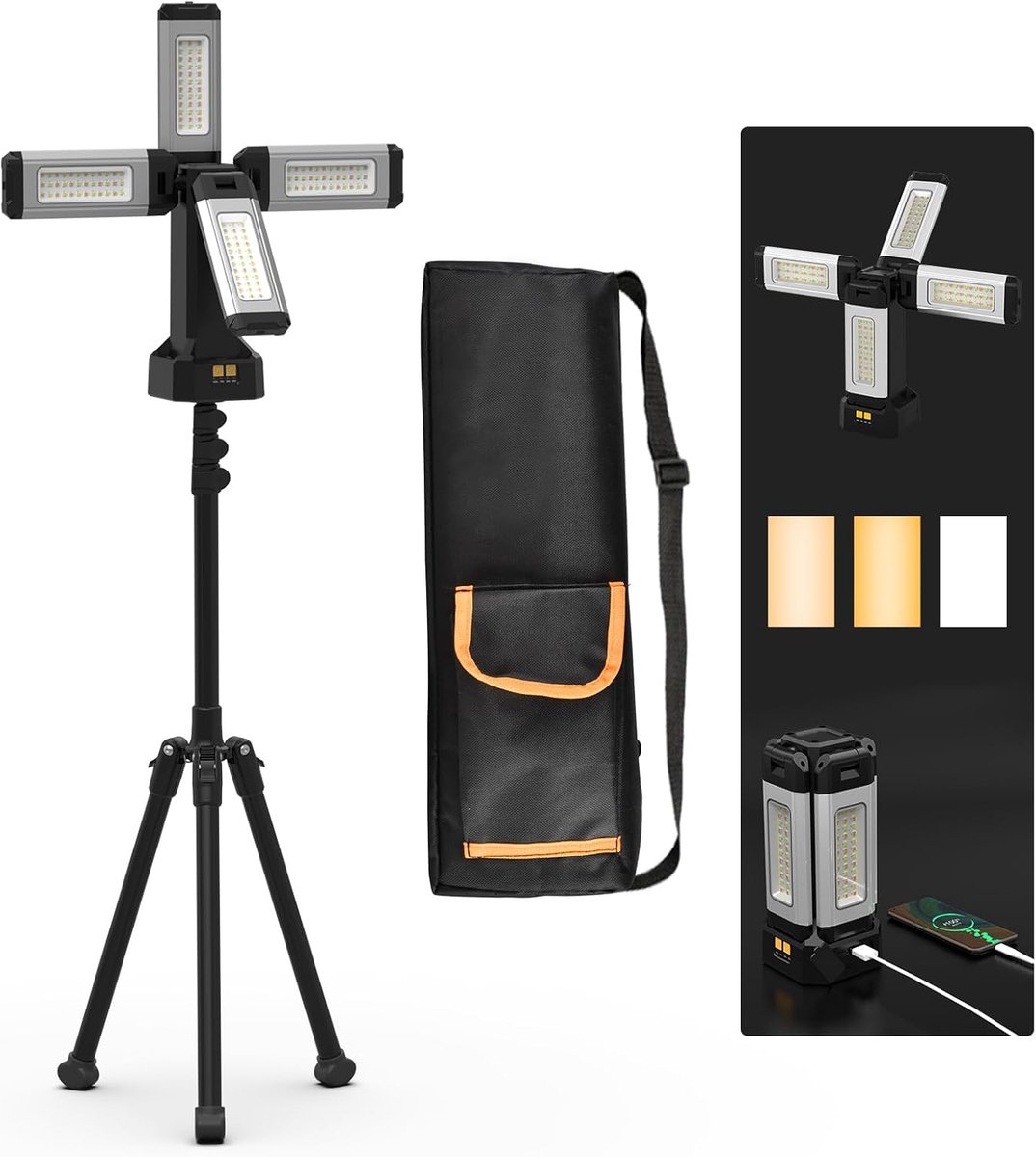SnelShoppen - Upgraded Aluminium 13200mAh Oplaadbare Werklamp met Vouwstand en Draagtas, 8000 Lumen Stepless Dimmable, Wit/Warm/Natuurlijk Wit, Met Af