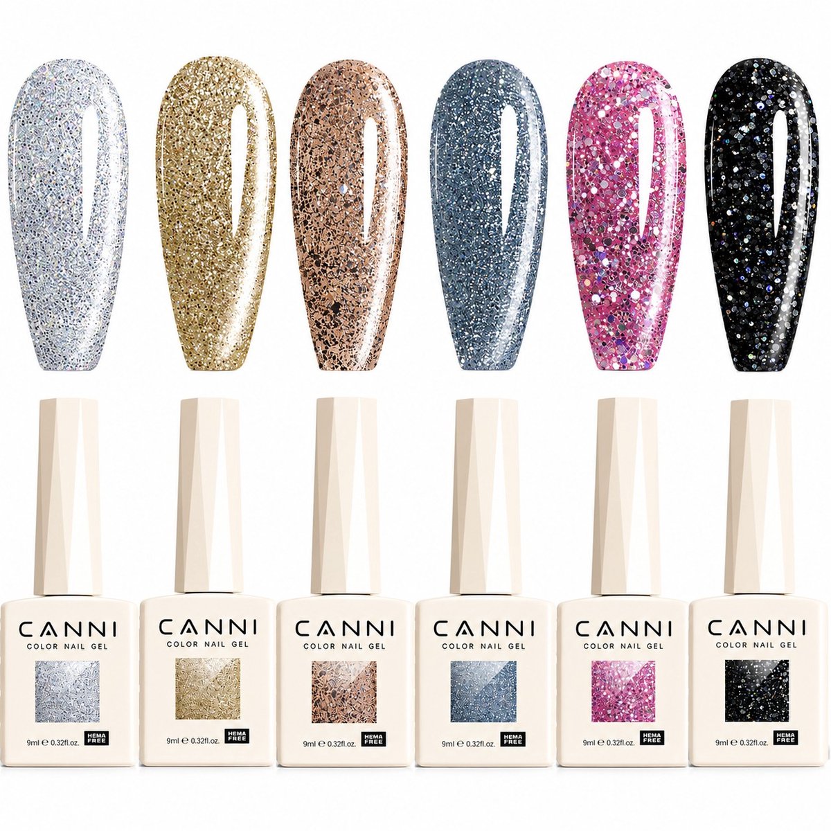 Canni - Glitter gellak - 6 stuks - HEMA-vrij - TPO-vrij – Gellak Glitter - Glitters - Pink Gellac - Gellak - Glitter nagellak - Glitter gellak set - Gellak nagellak - Gellak set