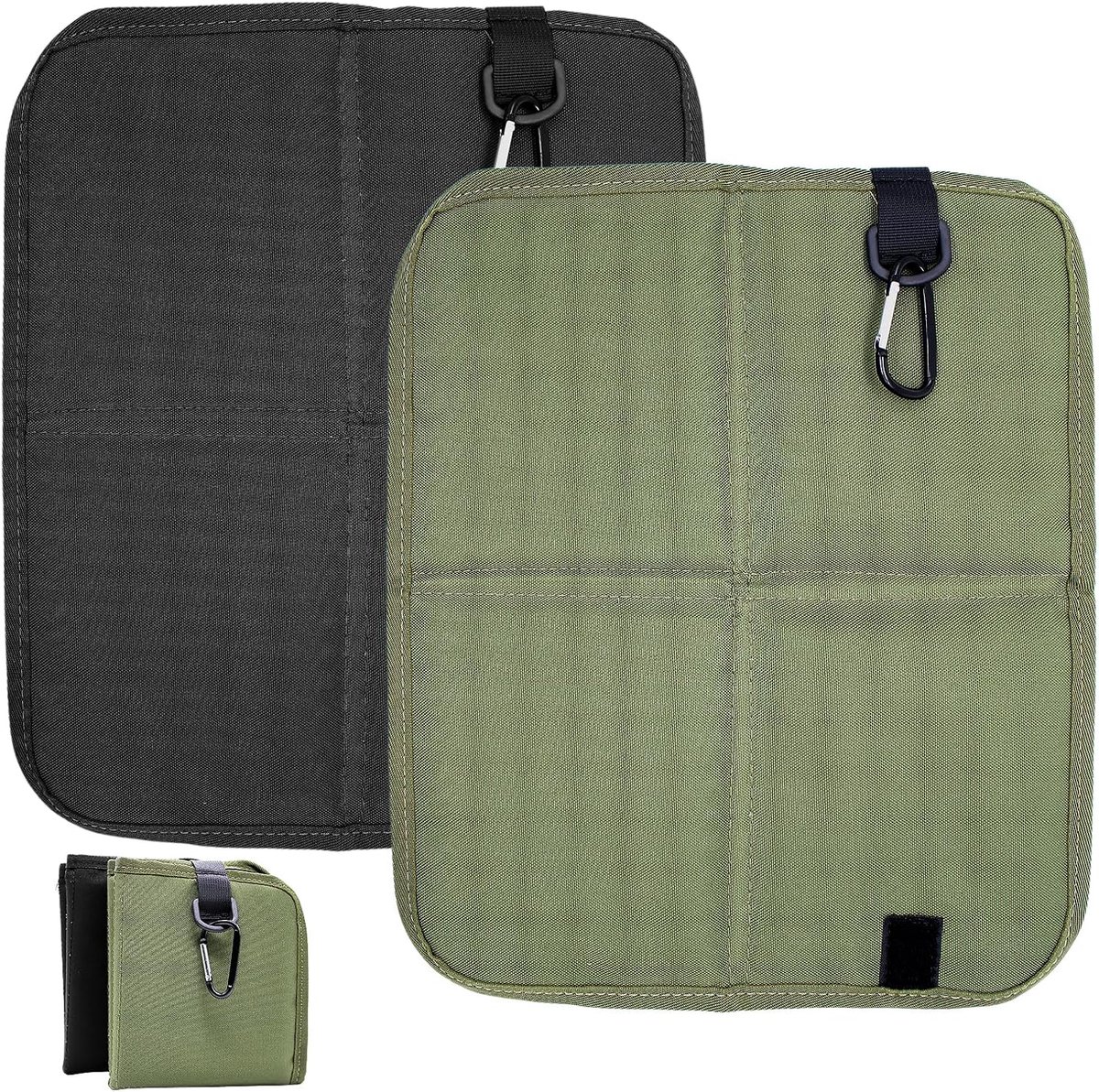 SnelShoppen - Pack van 2 Outdoor Zitkussens Thermische Zitmat Vouwbaar Waterproof Picknick Buiten Hiking Kamperen met Carabiner Haken (Zwart/Legergroe