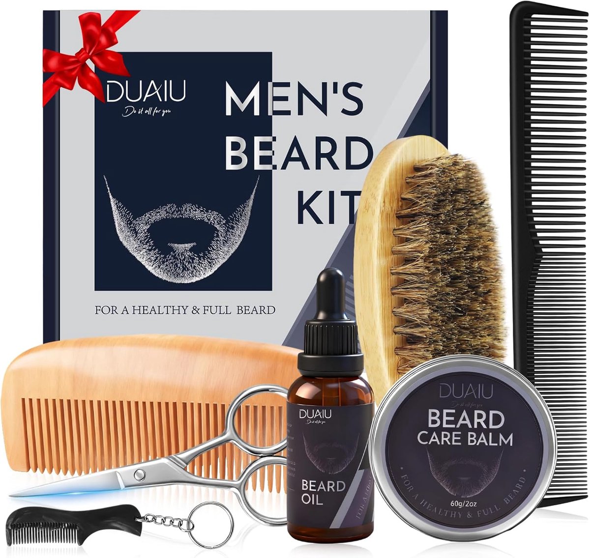 SnelShoppen - 7 in 1 Baardverzorgingsset met Olie en Natuurlijke Balsem, Wild Zwijnhaar Borstel, Houten Kam, Scharen, Cadeau voor Mannen voor Kerst, V