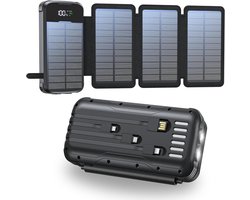 SnelShoppen - Solar Power Bank 20.000 mAh Draagbare Oplader met 4 Vouwbare Zonnepanelen, 4 Geïntegreerde Kabels, Externe Batterij met 2 LED Zaklampen