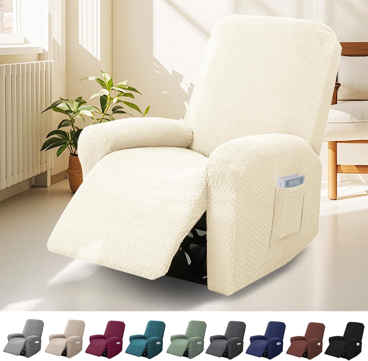 SnelShoppen - 4-delige Recliner Hoes voor 1 Zitter, Stretch Stoelhoes met Opbergzakken, Beschermhoes voor TV Stoel en Relaxstoel, Antislip, Hoge Rekba