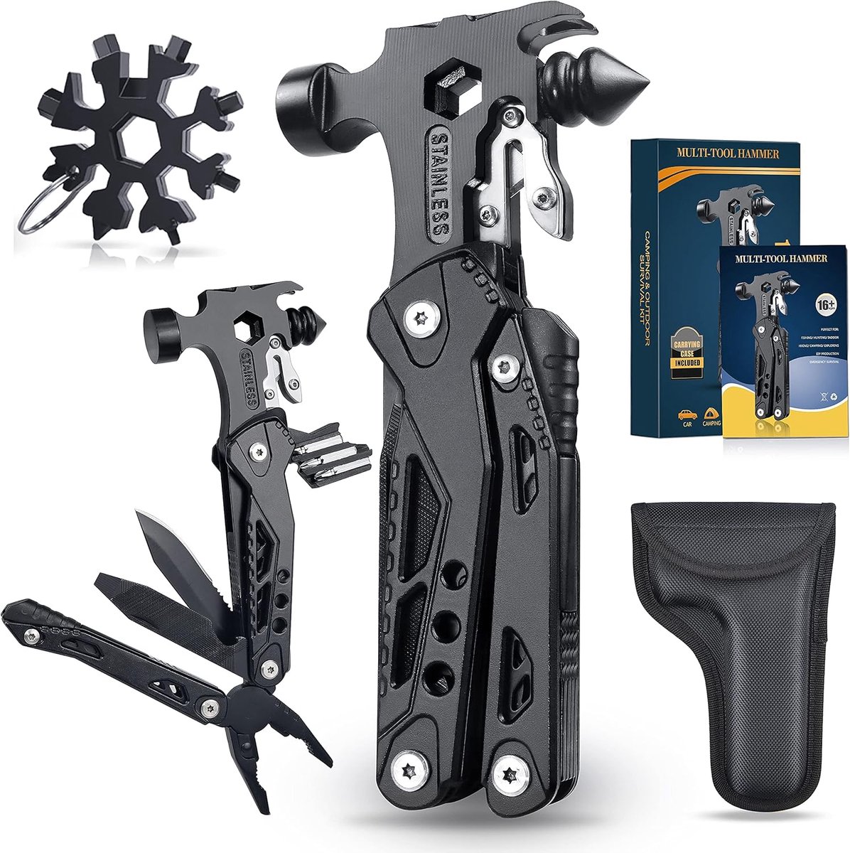 Thijox - Camping Cadeaus Voor Man, 37-in-1 Multifunctionele Hamer Met Sneeuwvlokken Multitool, Mini Klauwhamer Voor Camping, Noodgevallen, Overleven,