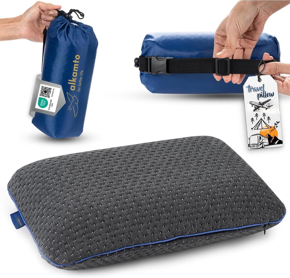 Thijox - Comfortabel Traagschuim Kussen voor Reizen en Kamperen - Draagbare Kussentas - Temperatuurregulerend Kussensloop - Ideaal voor Vakantie, Outd