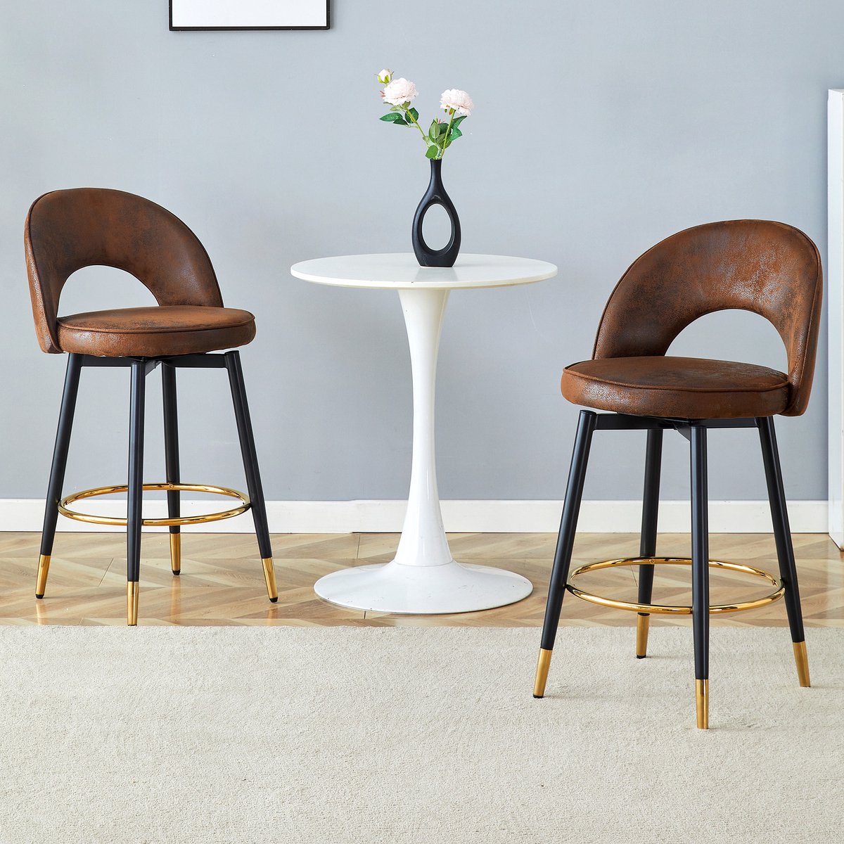 MODENUIT Barkruk 92 cm - 360° Draaibaar Met Rugleuning - Voor Bar En Keuken - Stof En Metaal - Bruin Zwart