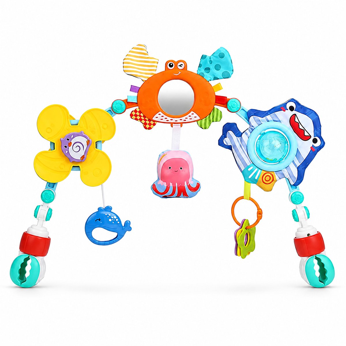 Jojoy – Universele Speelboog Baby – Verstelbare Speelgoedboog voor Kinderwagen, Autostoel & Wieg – Met Sensorisch Speelgoed & Bijtring – Haai – 73.7 cm – ARCBABY