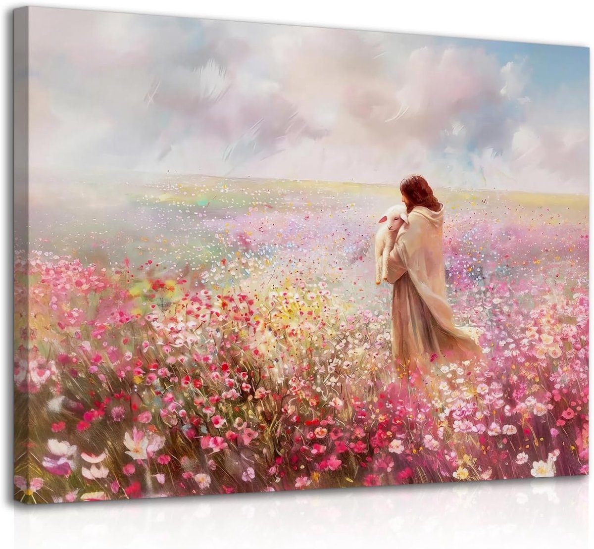 SnelShoppen - Framed Christian Wall Art Canvas Jezus Omarmt Lam in Bloemenveld 12x16 inch - Religieuze Wanddecoratie voor Slaapkamer, Gebedsruimte, Wo
