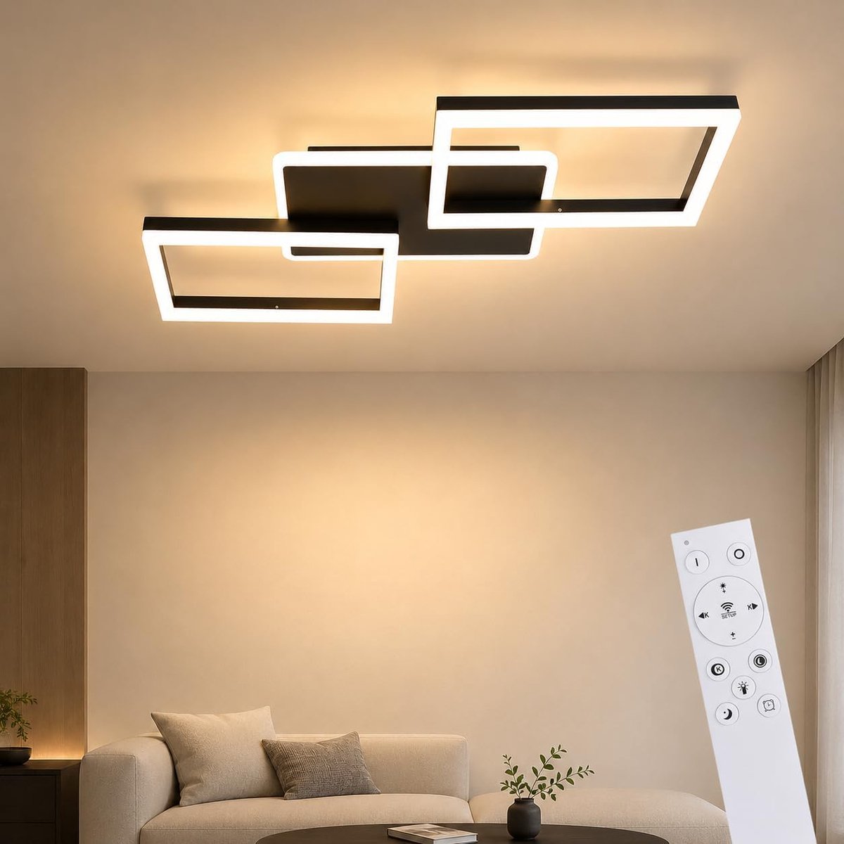 SnelShoppen - LED Plafondlamp Dimbaar 48W - Moderne Hanglamp voor Woonkamer, Keuken, Slaapkamer, Zwart met Afstandsbediening - Minimalistisch Design v