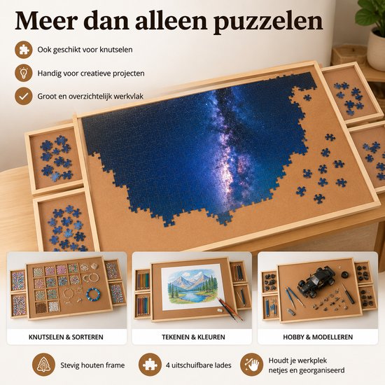 Puzzelbord met hemel en melkweg, met vier houten lades voor puzzelstukjes.