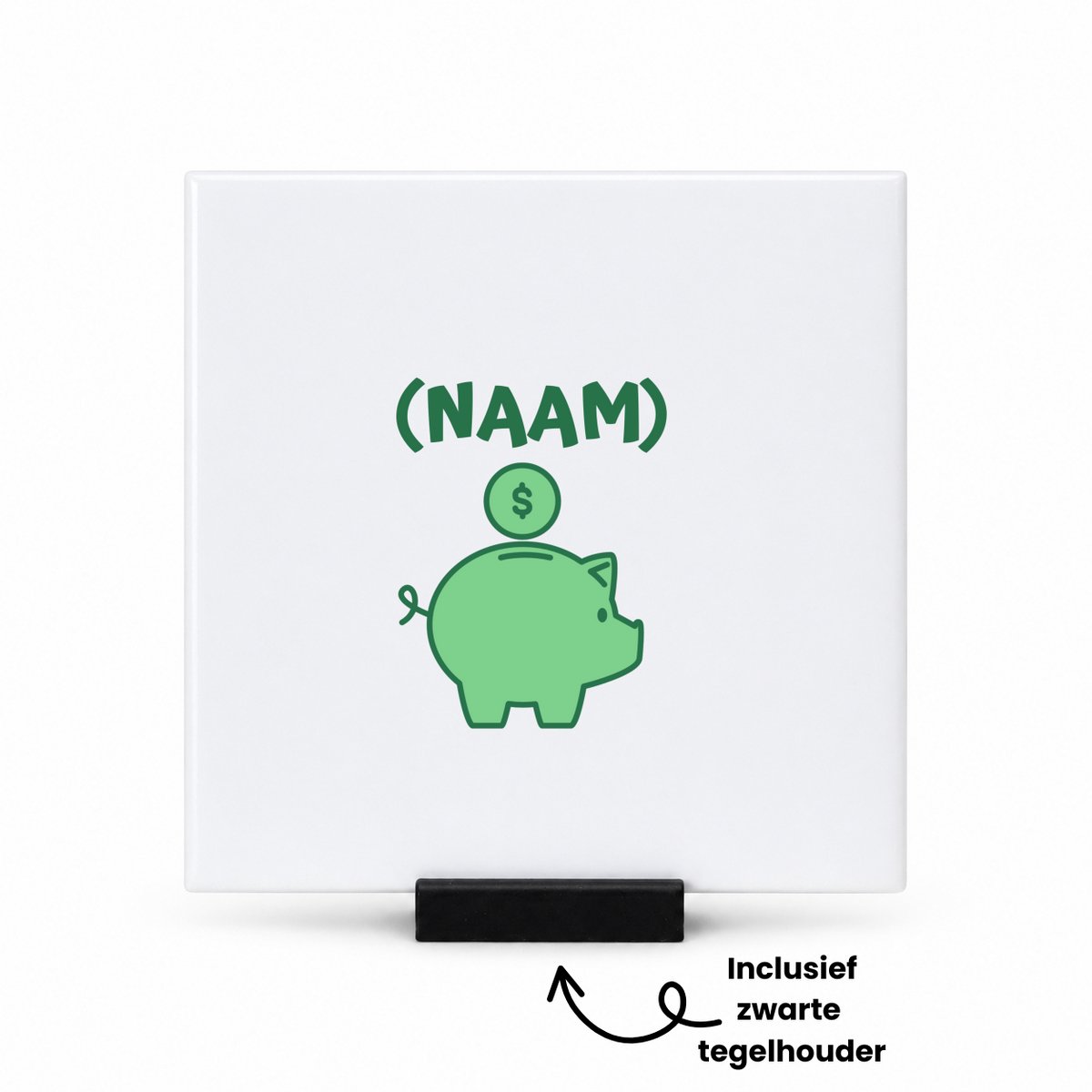 Hacebo Groene piggy bank met eigen naam tegeltje met tegelhouder - Varken - iemand die van geld houdt - tegeltjes met tekst - cadeau voor iemand die houdt van geld - verjaardagscadeau - gift - geschenk - spreuktegels - 10.8x10.8 CM Wit