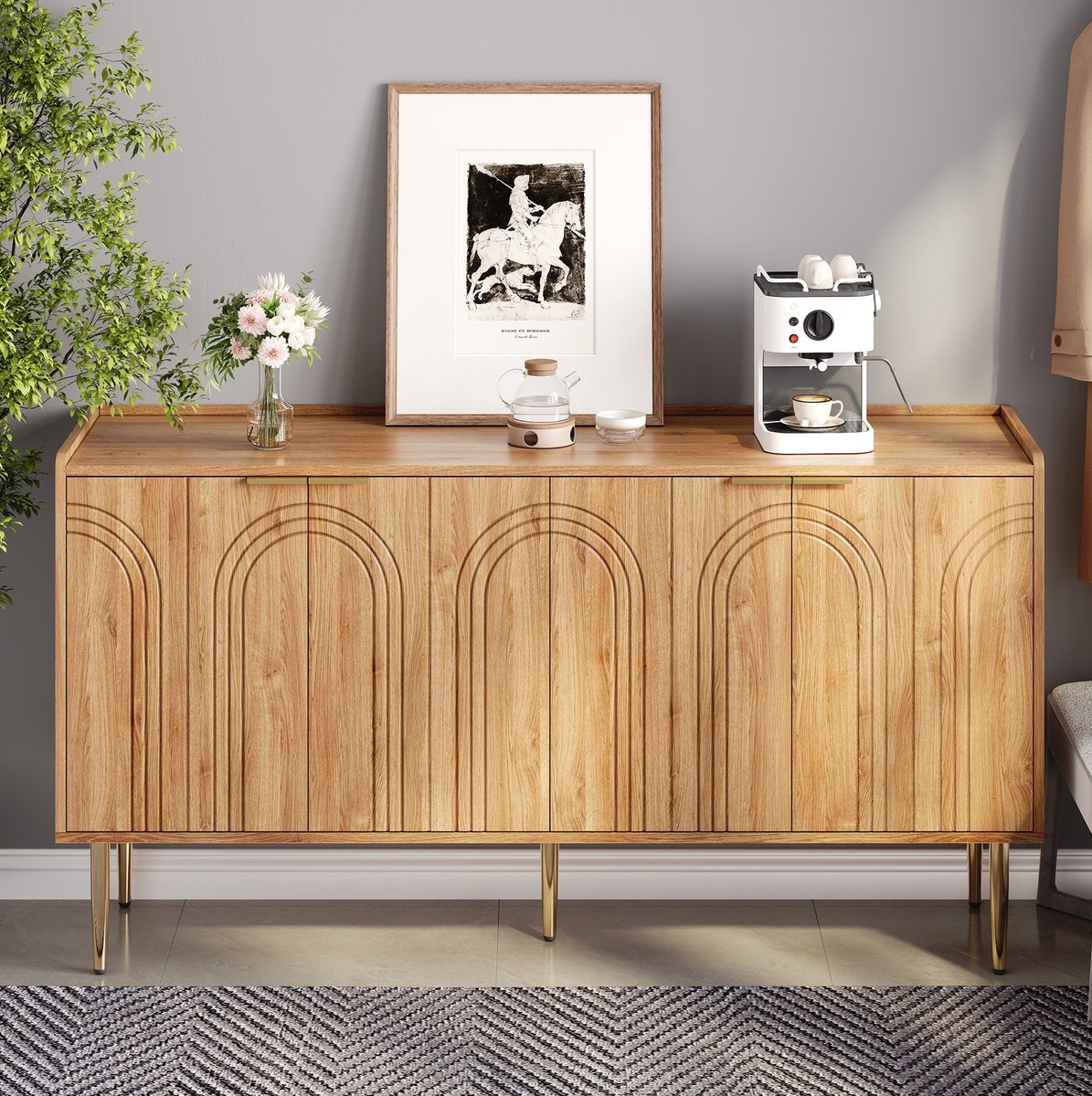 Wishdor - Dressoir - 4-deurs opbergkast met verstelbare planken - modern design - voor woonkamer of hal - houtlook met metalen poten - naturel - 140 x 38 x 75 cm
