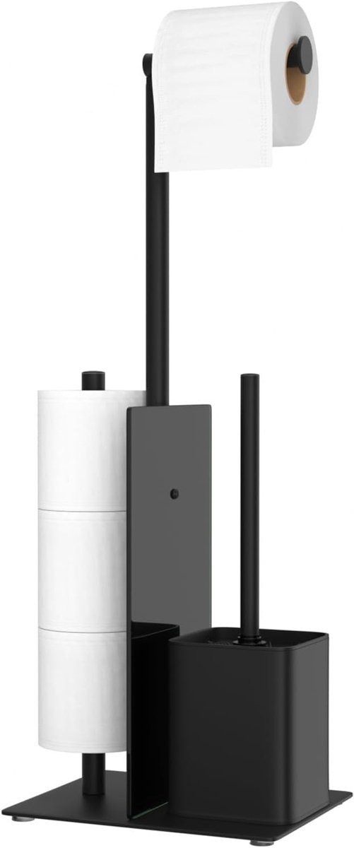 Thijox - Vrijstaande Toiletrolhouder met Toiletborstel - Roestvrijstaal Matzwart - 3-in-1 Toiletaccessoire zonder Boren - Modern Design voor Badkamer