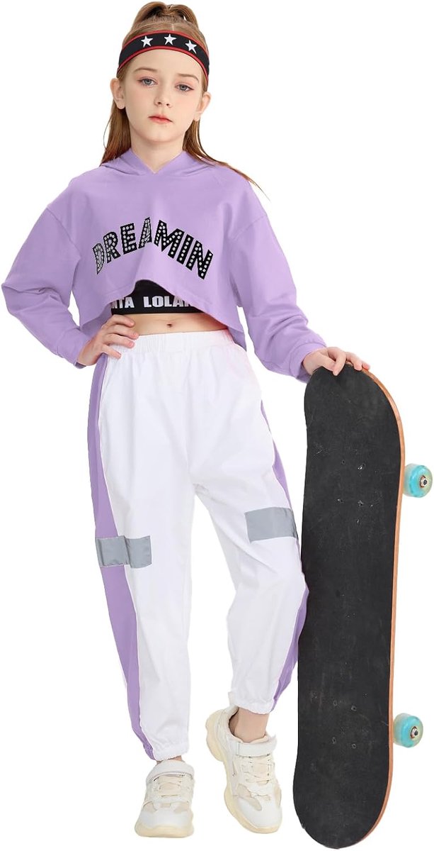 SnelShoppen - 3-delig Meisjes Hip Hop Dans Kostuum Kinderen Street Dance Kleding Set met Cropped Hoodie, Tanktop en Joggingbroek - Perfect voor Feestj