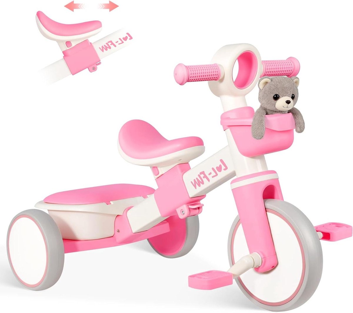 Kinderdriewieler - Loopfiets - Buiten spelen - Met opbergmand - 73 cm - Roze