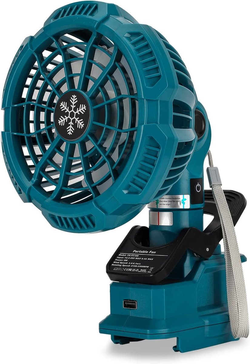 SnelShoppen - Draagbare clip-on ventilator voor Bosch 18 V accu, stille batterijventilator met 3 snelheden, ideaal voor slaapkamer, outdoor, camping e