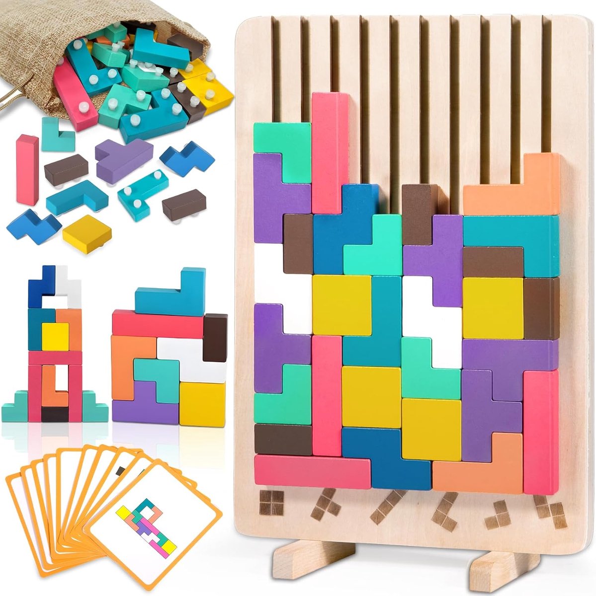 SnelShoppen - Tetris Houten Puzzel voor Kinderen met Katoenen Zak, Montessori 3D Puzzel, Educatief Speelgoed voor Jongens en Meisjes van 3-6 Jaar, Kle