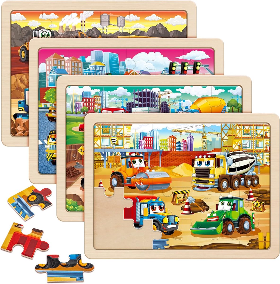 SnelShoppen - Grote Houten Constructievoertuigen Puzzels voor Peuters 3-5 Jaar, 24 Stuk Monster Truck Puzzels voor Kinderen 4-6 Jaar, Bouwspeelgoed vo