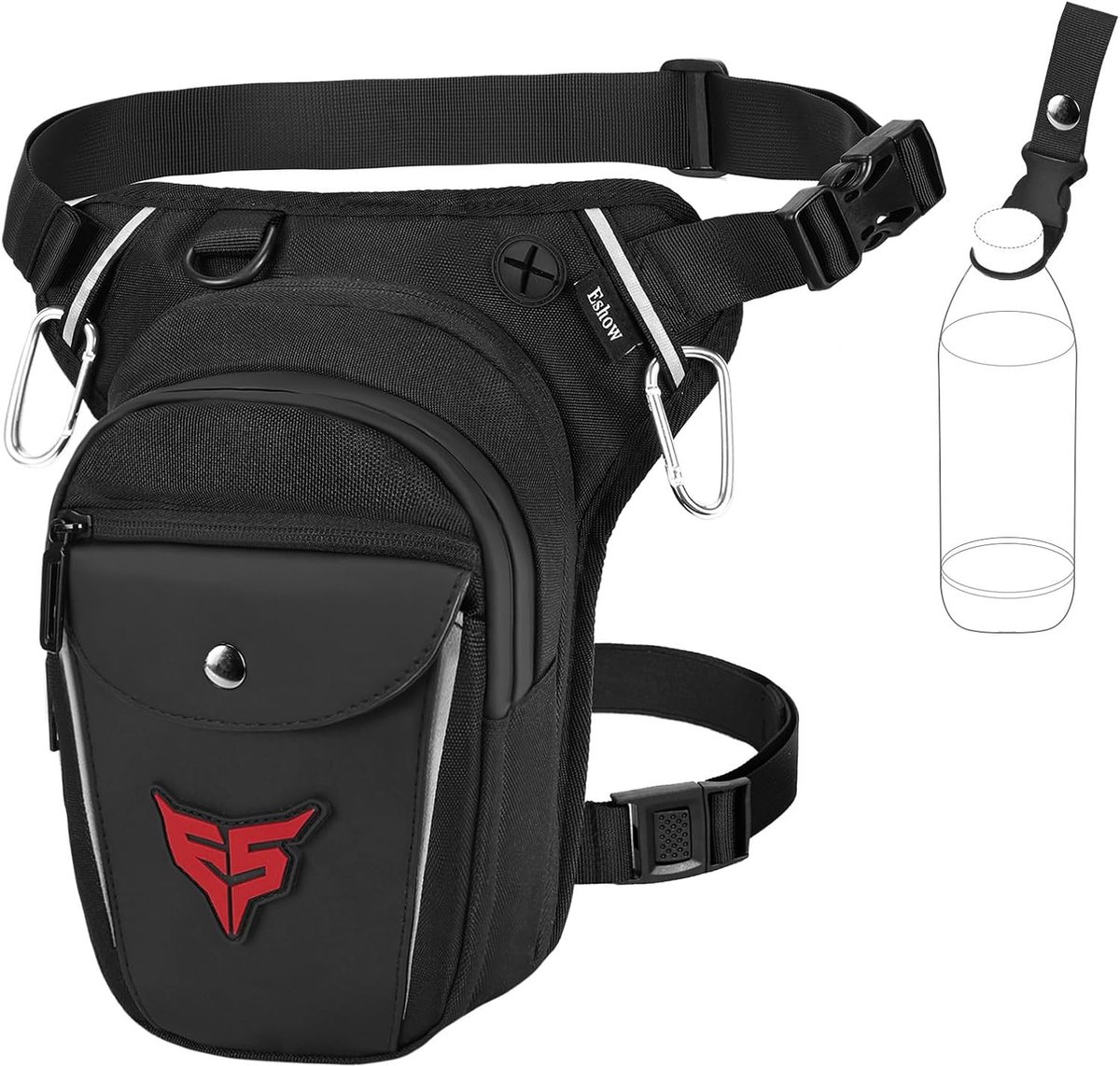 SnelShoppen - Eshow Motorfiets Been Tas voor Mannen en Vrouwen - Uitbreidbare Heuptas met Flessenhouder, 2 Carabiner Haakjes, Reflecterende Strepen, Z