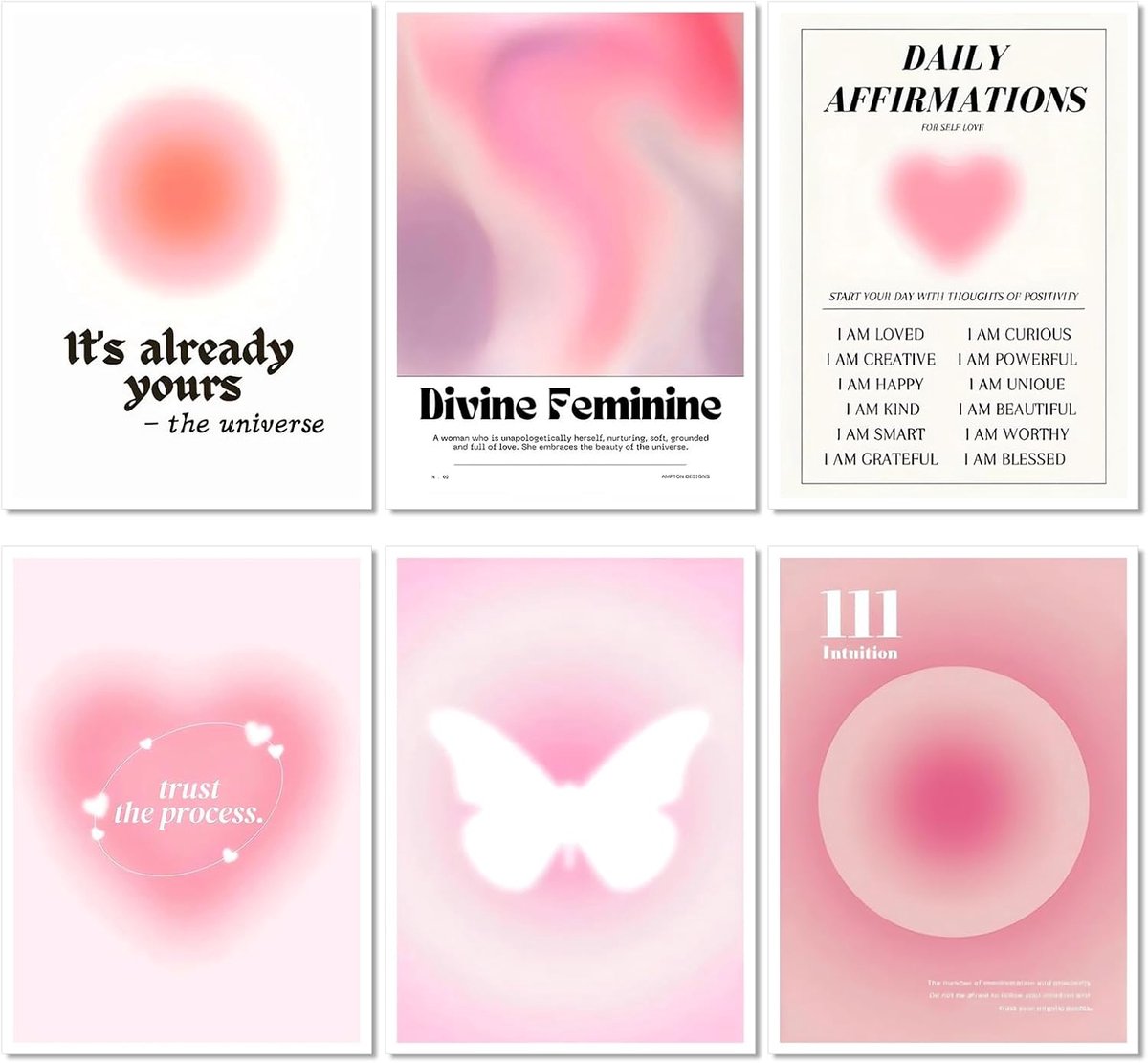 SnelShoppen - Aura Posters Art Prints Set van 6 Aesthetic Roze Posters Wanddecoratie 8x12 inch voor Slaapkamer en Kamerinrichting
