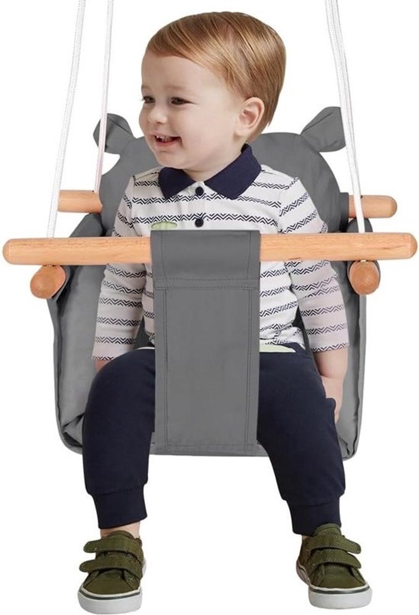 Babyschommel Hout Canvas - Schommelstoel Kinderen - Vestibulaire Ontwikkeling - Geïntegreerd Veiligheidsharnas - 29 x 29 x 31 cm - Donkergrijs