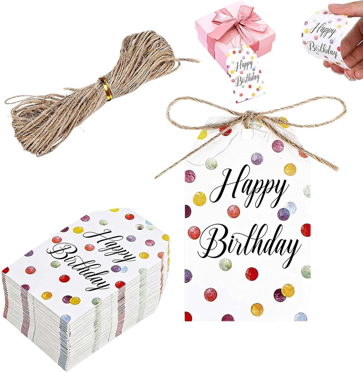 Grote Gelukkige Verjaardag Cadeaulabels – 100 Stuks Persoonlijke Labels met Touw – Stevige Kraft Papier Tags voor Verjaardagscadeaus en Uitnodigingen – 8.5×5.5cm
