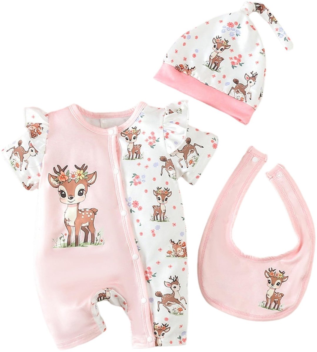 Baby Kledingset van 3 - Romper met Rimpel, Slabbetje en Hoed - Roze