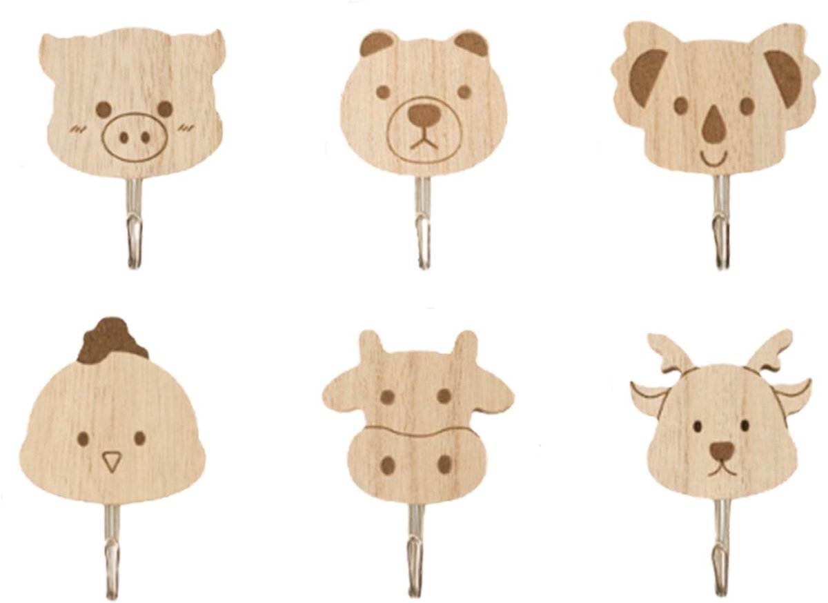 Set van 6 Kinder Kledinghaken - Houten Wandmontage