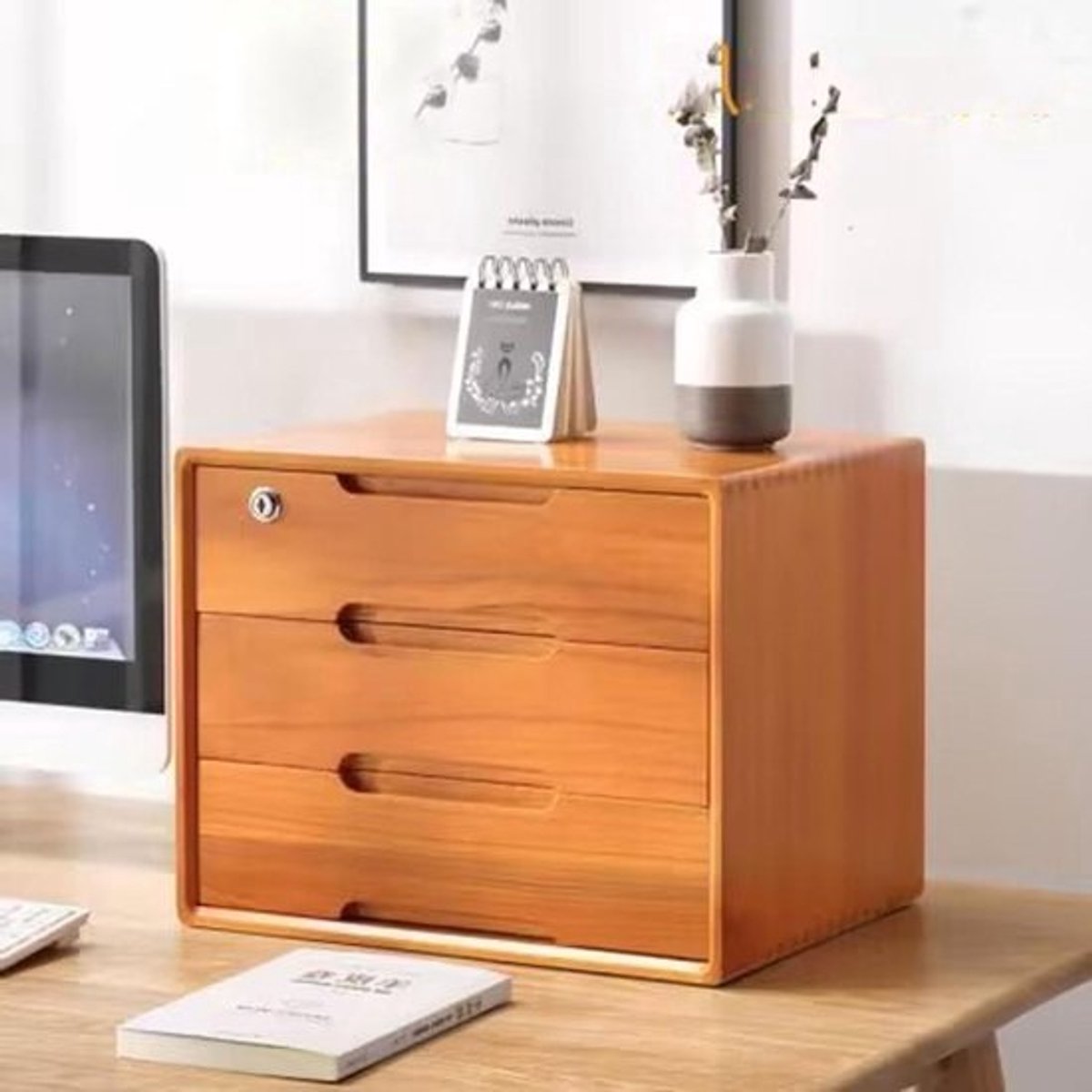 Bureaublad Kast - Opbergbox Archiefkast - Bureau Organiseren - Massief Hout - 3-Laden - Bruin