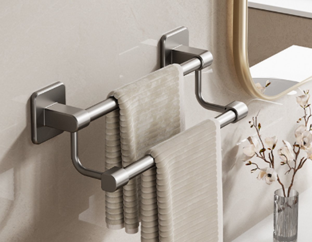 KZQ Dubbele handdoekstang 30 cm - Vierkant wandrek voor badkamer keuken en wastafel - Twee stangen voor handdoeken en theedoeken - Zilver