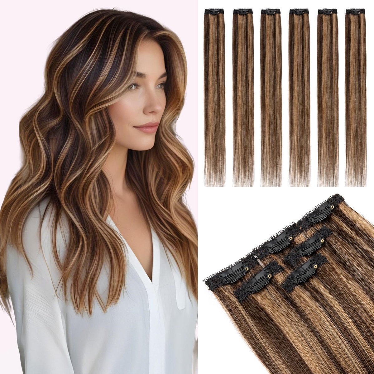 Clip-In Hair Extensions - 6 Stukken, 25 cm, Donkerbruin