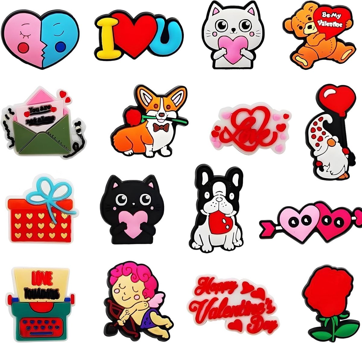 Schoenversieringen, 16 Stuks, Koppels Serie, Charms voor Meisjes en Jongens, Decoratie voor Feestjes en Verjaardagen, Creatieve Schoenaccessoires
