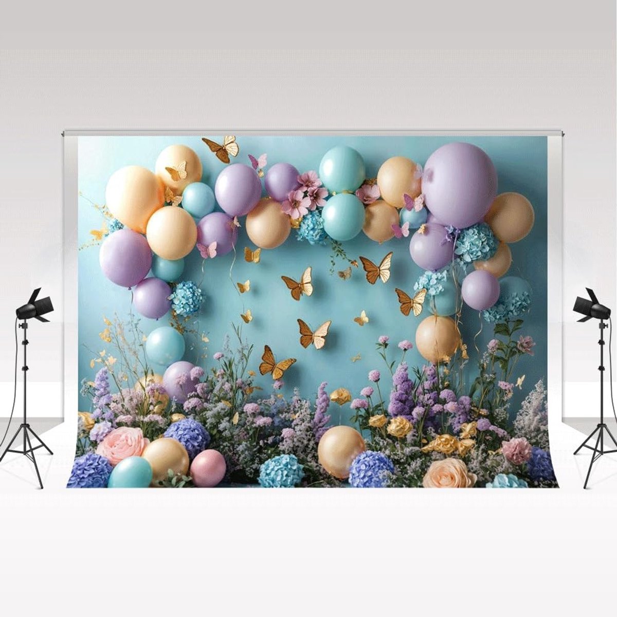 Fotografie Achtergrond - Blue Hydrangea Gold Butterfly 2.2 x 1.5 m