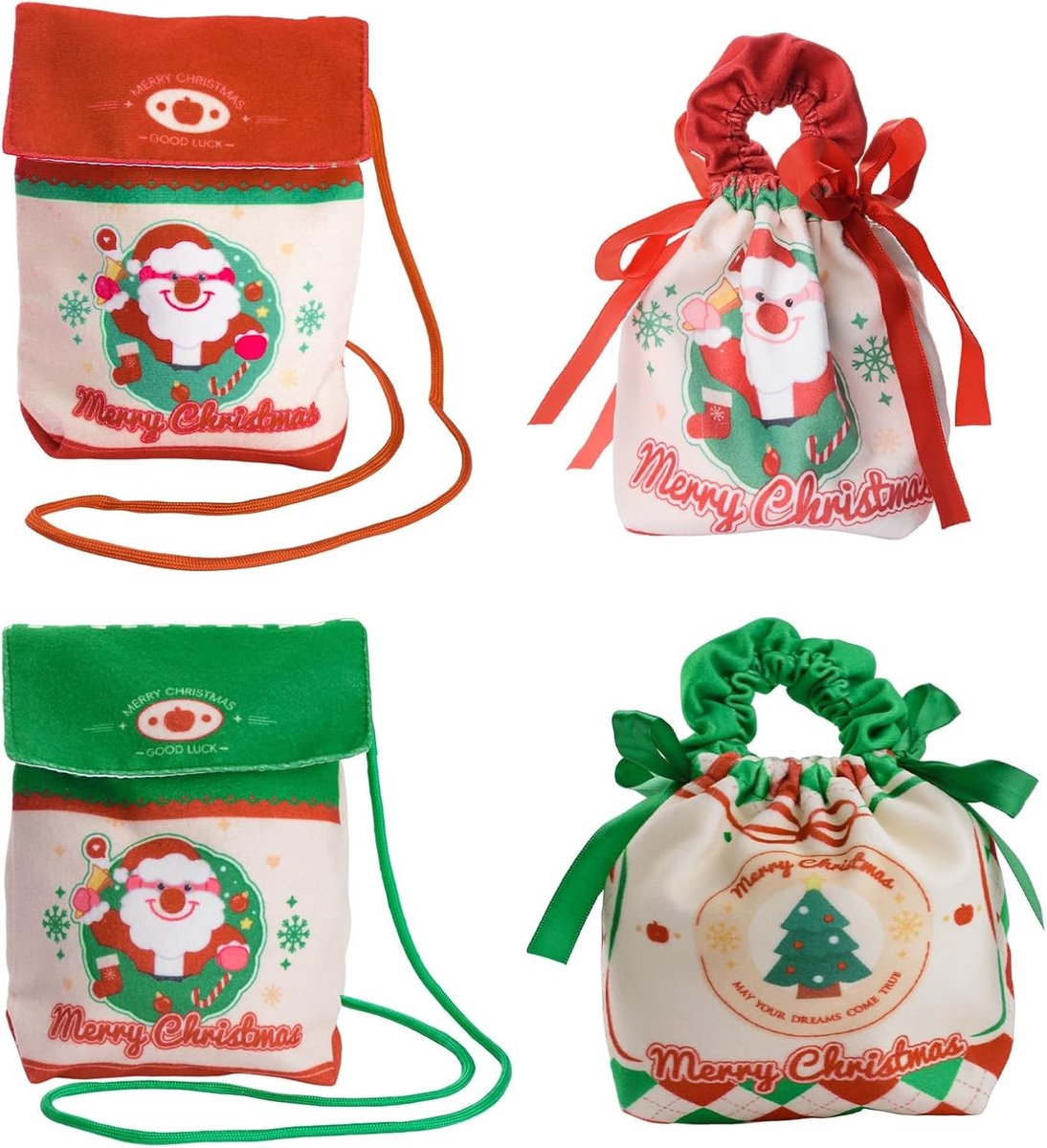 Kerstthema geschenkzakken, 4 herbruikbare fluwelen tassen met trekkoord voor speelgoed, snoep en chocolade