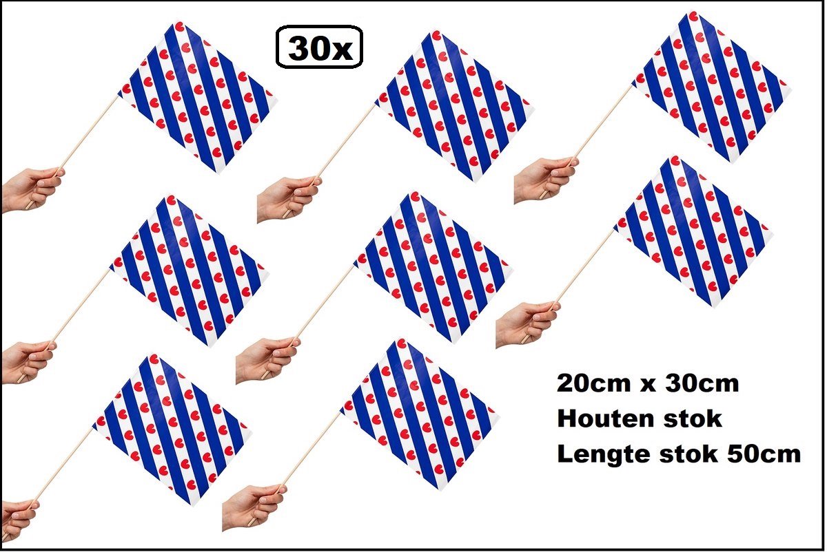 30 stuks Zwaaivlaggetjes op stok Friesland 20cm x 30cm - lengte stok 50cm - Zwaai vlaggetjes Pompebled thema feest voetbal festival uitdeel