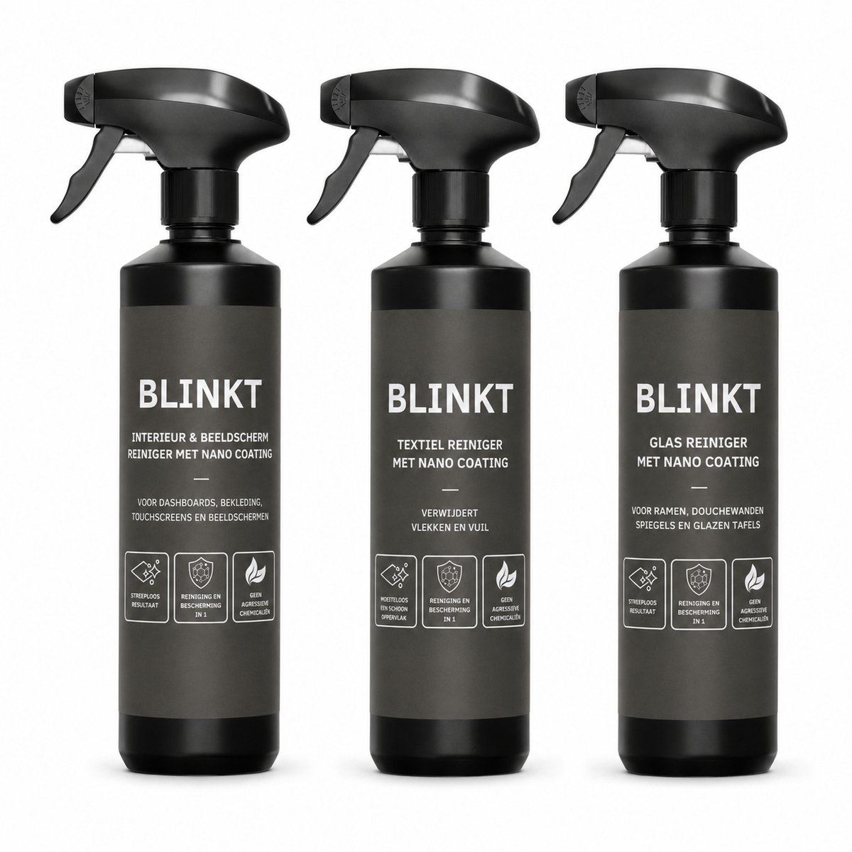 Schoonmaakset Woonkamer & Cadeaupakket met Nano Coating - Vlekken-, Interieur- & Glasreiniger - 3x 500ml - BLINKT