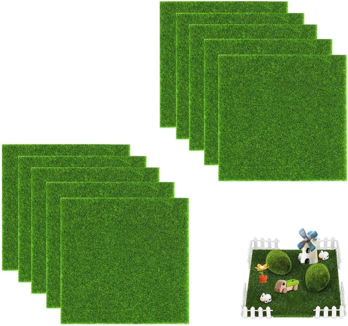 10 Stuks Kunstgras Mat 15 x 15 cm - Mini Gras Tapijt 5 mm Dikte voor Modelbouw, Tuinlandschap en Diorama Decoratie